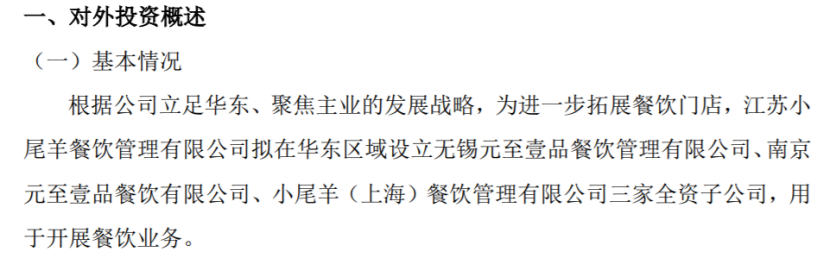 金沙电玩城平台小尾羊为拓展餐饮门店由江苏小尾羊拟在华东区域设立三家全资子公司